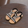 thumbnail image 5 of Sandalias de verano para niñas, de piel sintética, con perlas, transpirables, planas, talla 1 (negro), 5 of 5