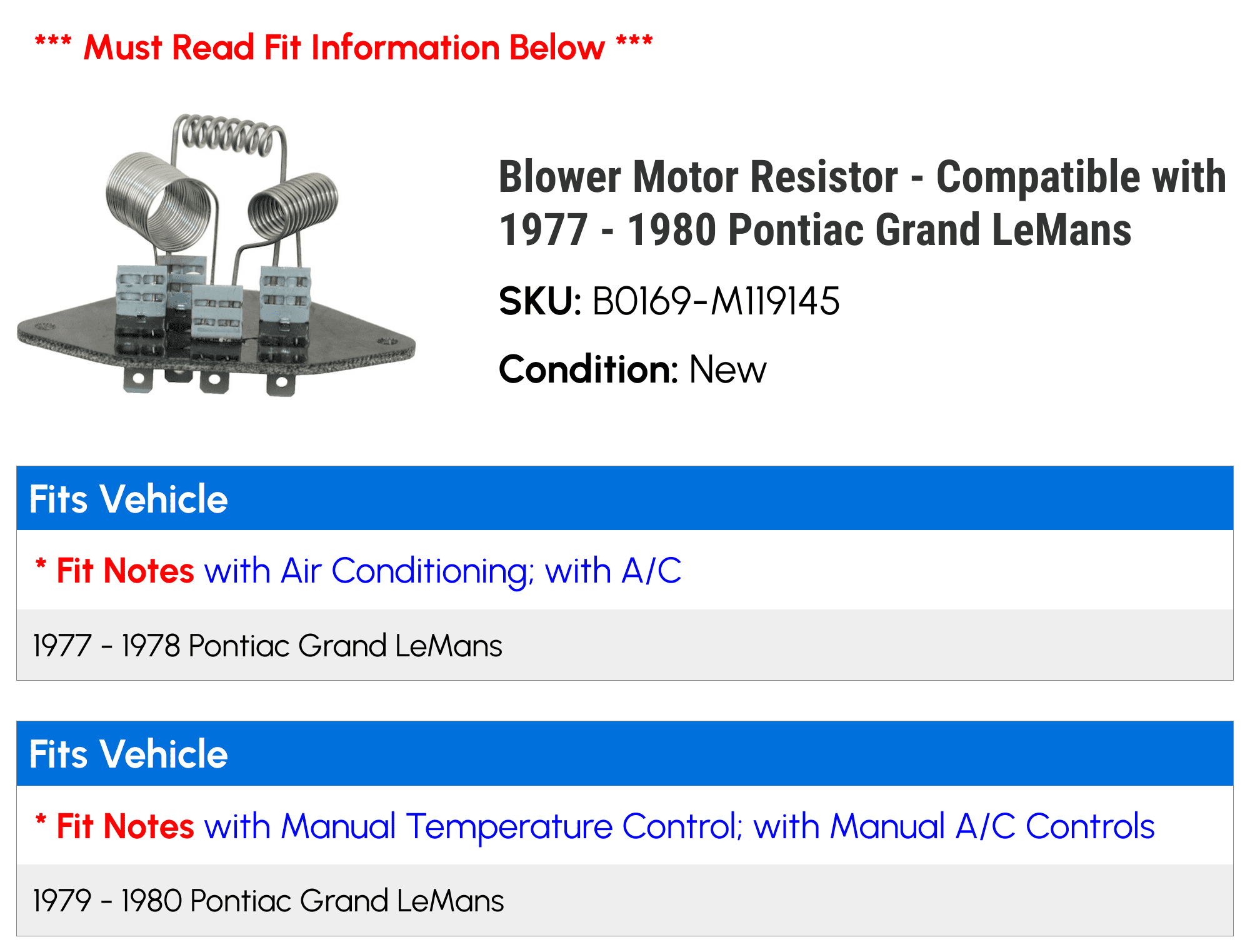 Blower Motor Resistor - Compatible with 1977 - 1980 Pontiac Grand LeMans 1978 1979