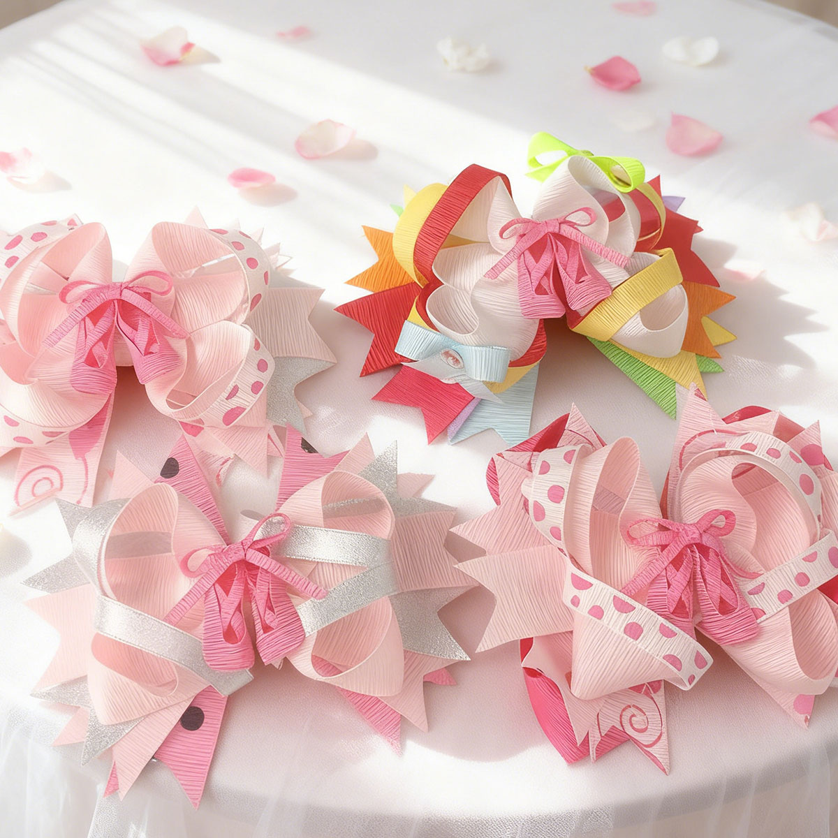JoyBowie 4 Pcs 5inch Layered Hair Bows for Girls 3-8 Years, Grosgrain Ribbon Clips for Birthday Parties & Daily Hairstyles