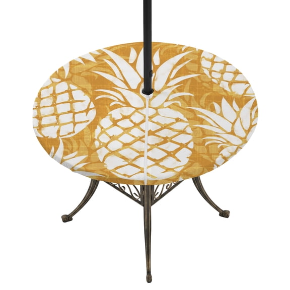 Round Outdoor Tablecloth with Umbrella Hole and Zipper, Orange Pineapple Tablecloth with Elastic Waterproof, Tropical Summer Botanical Fruits Patio Table Covers for 55" - 60" Picnic Pool Tables