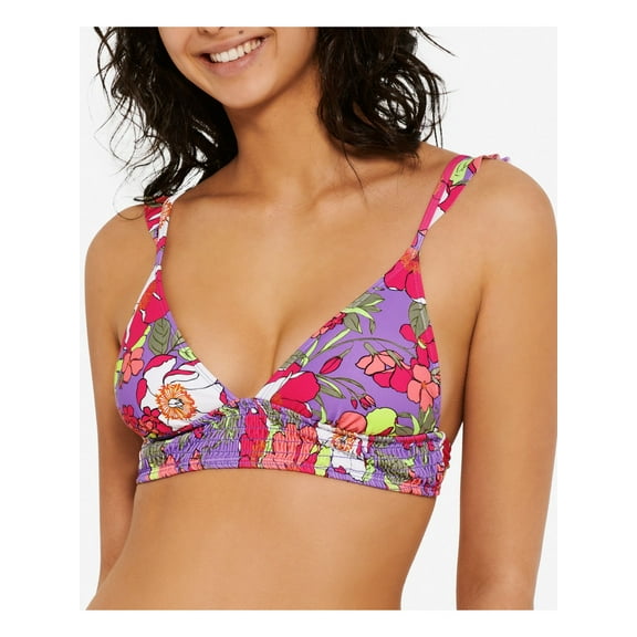 HULA HONEY Women's Multi Color Floral Stretch Ruffled Smocked Removable Cups Deep V Neck Adjustable Impressionist Bloom Swimsuit Top M