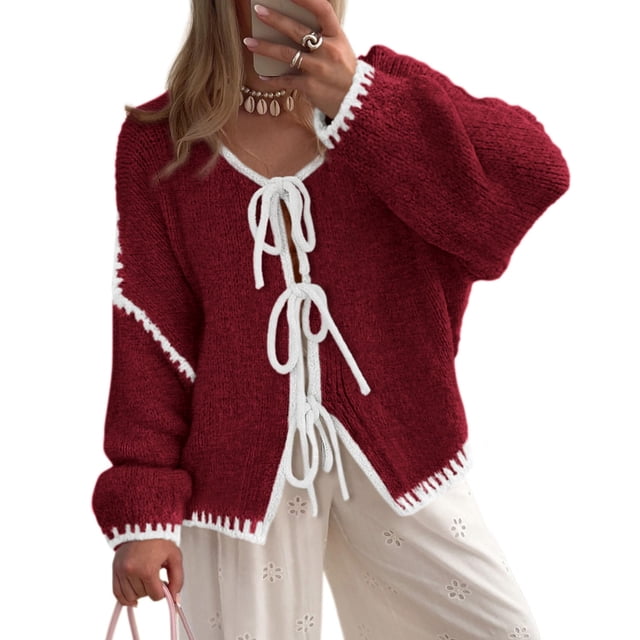 Suéter PRETTYGARDEN Rojo Vino con Lazo Frontal y Cardigan Talla M