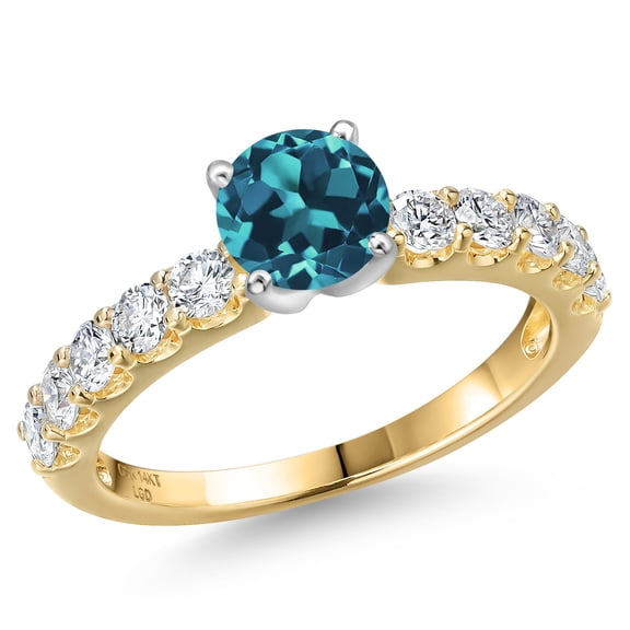 Gem Stone King 14K Two Tone Gold London Blue Topaz and Lab Grown Diamond Engagement Ring for Women | 1.35 Cttw | Round 5MM | Gemstone November Birthstone | Size 5