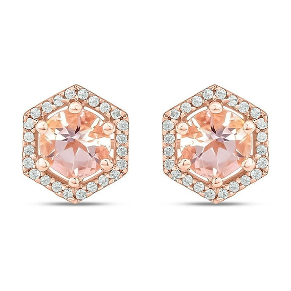 Cali Trove 1/10 ct Natural Diamond and Morganite Gemstone Earrings for Women | 18KT Rose Gold Vermeil Stud Earrings | Hexagon Studs | Jewelry Gifts for Her