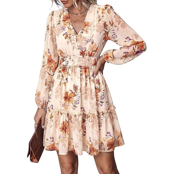 PRETTYGARDEN Women Floral Long Sleeve Mini Dress | Fall Wedding Guest Dresses, V Neck, Fit & Flare, Ruffle Hem A-Line, Short Chiffon Dress, Elegant Holiday Party, Date Outfits