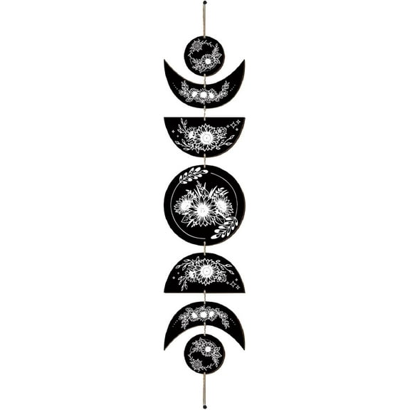 7pcs Moon Phase Wall Hanging Boho Decor Wooden Wall Art Witchy Decor Rustic Black Wood Farmhouse Sign Decorative for Bedroom Home Apartment Bar Living Room 6.3 x 37.1 Inch(Flower-02) Black