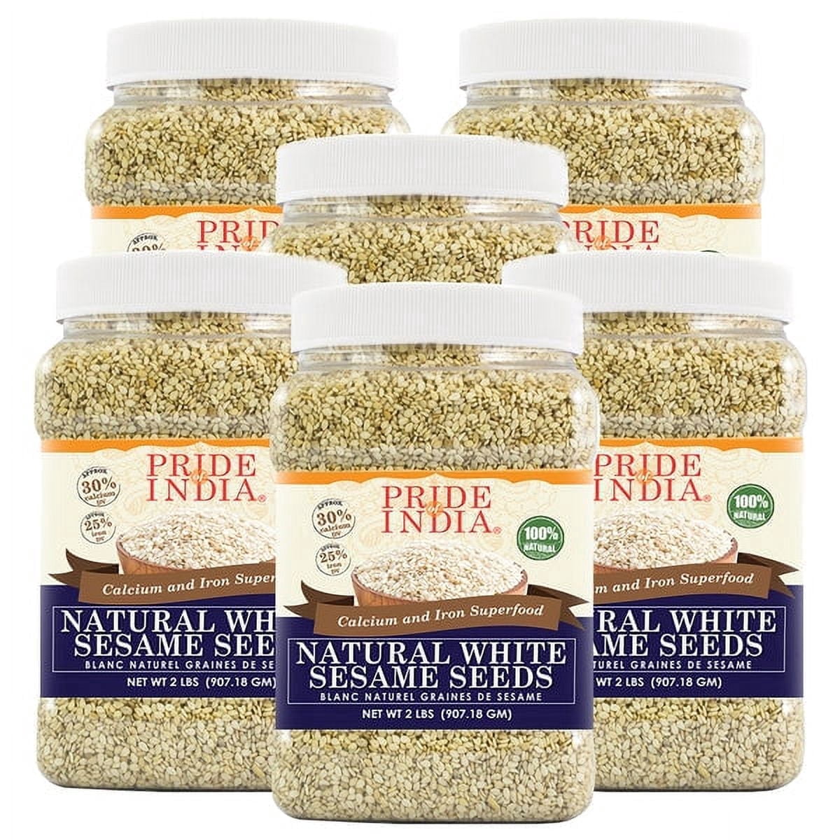 Pride of India - Pack of 6 - White Sesame Seeds, Unhulled Whole Seeds, Natural, Gluten Free, 2 lbs Jars