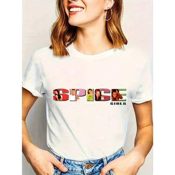 Women'S "Spice " Graphic T-Shirt - Casual Crew Neck, All-Season, Short Sleeve, Round Neck Tee with Colorful Band Design, Casual Wear | Playful Print | Comfortable Fit, Ladies T Shirts