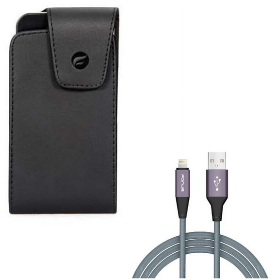 6ft USB Cable w Case Belt Clip for iPhone XS/X - Charger Cord Power Wire Braided Long, Leather Swivel Holster Vertical Cover for iPhone XS/X