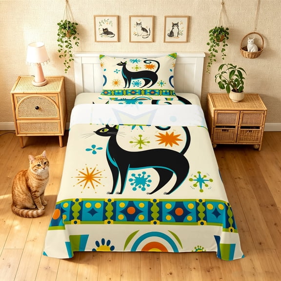 Manfei Mid Century Cat Twin Sheets, Star Burst Bedding, Teal Orange, 3pcs, 1 Flat Sheet, 1 Fitted Sheet and 1 Pillowcase