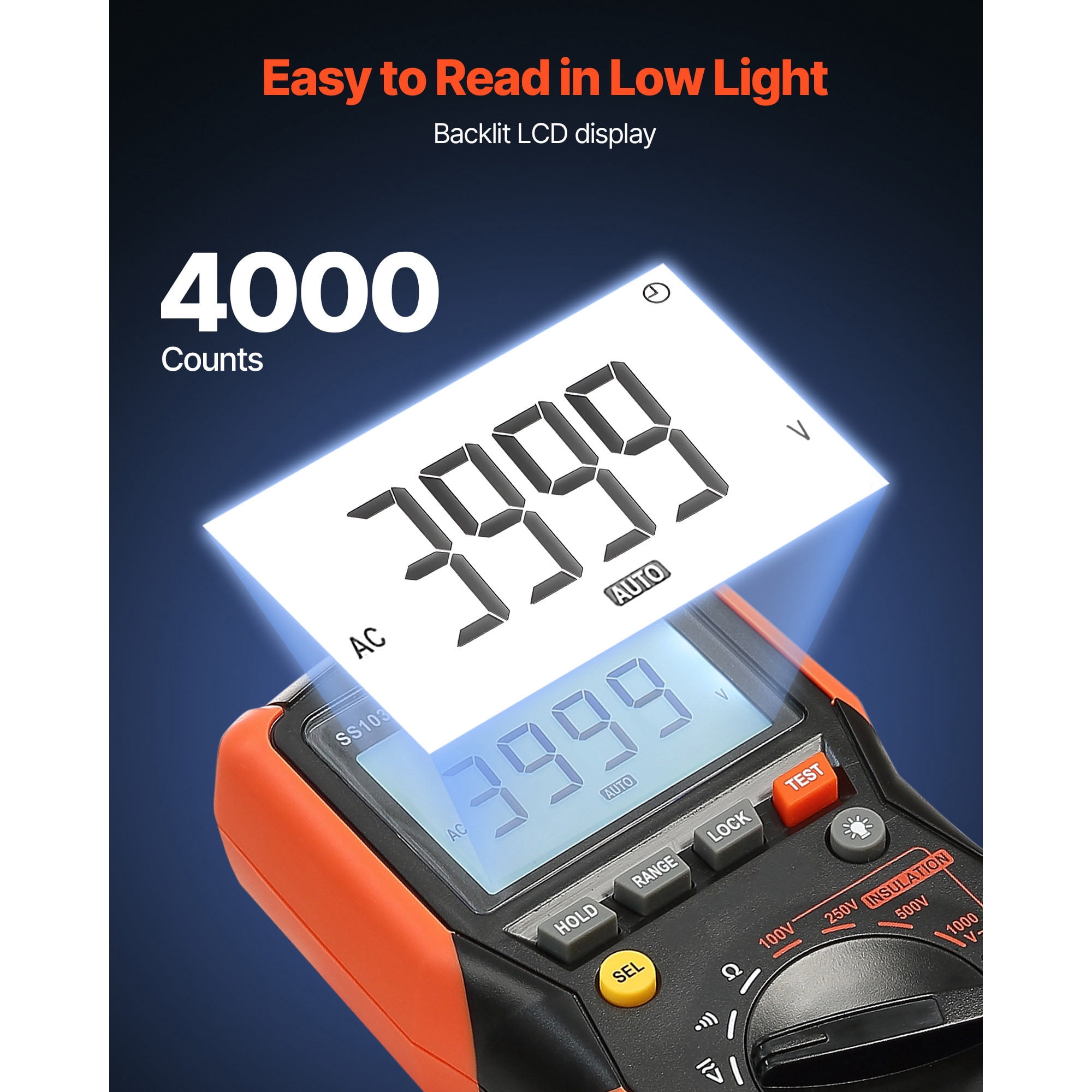 KFFKFF Digital Multimeter, 4000-Count TRMS Voltmeter Ohmmeter, 1000V AC/DC Voltage Tester with Auto/Manual Range for Measuring Voltage, Resistance, and Continuity