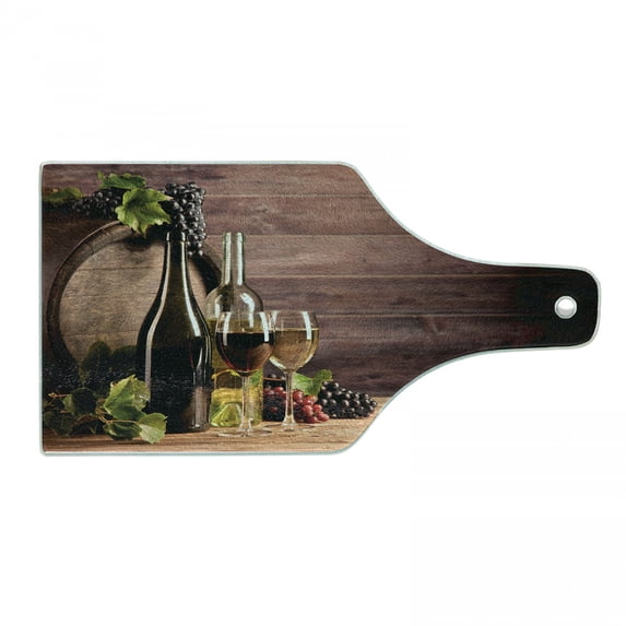 Wine Cutting Board, Still Life of Wine with Wooden Keg Rustic Concept Tasting Viticulture, Decorative Tempered Glass Cutting and Serving Board, Wine Bottle Shape, Brown Green Pale Brown, by Ambesonne