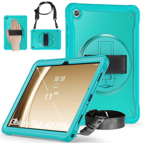 Allytechgroup Rugged Case for Samsung Galaxy Tab A11 8.7" 2025, Rotating Kicktand Translucent Back Cover Shockproof Adjustable Shoulder Strap Kids Friendly Lightweight Cover, Blue
