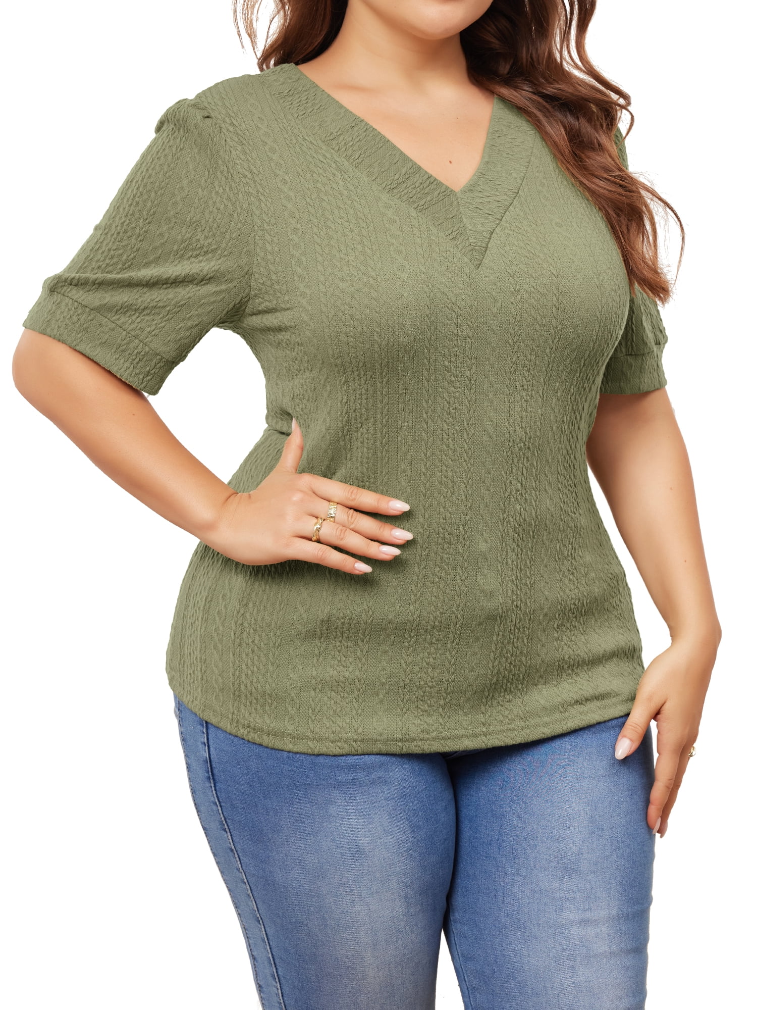 DARING DIVA Women's Plus Tops V Neck Pullover Knitted Casual Blouses 1X Grass Green