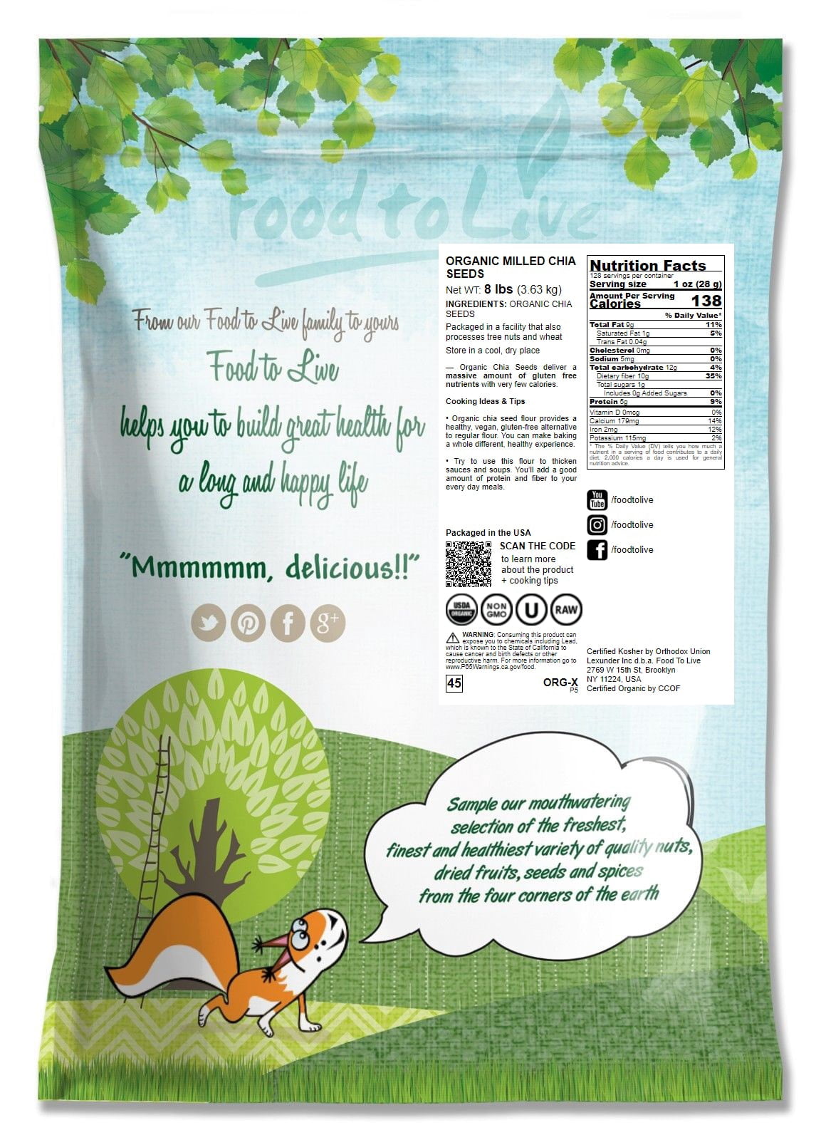 Organic Chia Seeds Flour, 8 Pounds — Non-GMO, Kosher, Raw, Vegan — by Food to Live