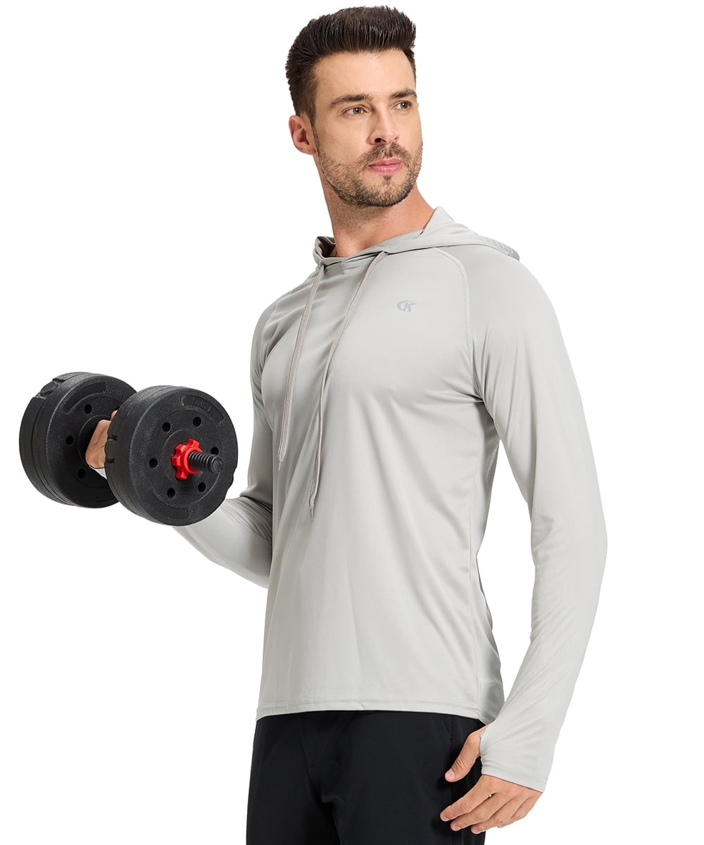 Satankud Men's UPF 50+ Long Sleeve Sunscreen Hoodie UV Sun Protection Hoodie with Thumbholes for Workout Fishing Hiking Sports Long Sleeve Hoodie Light Grey L
