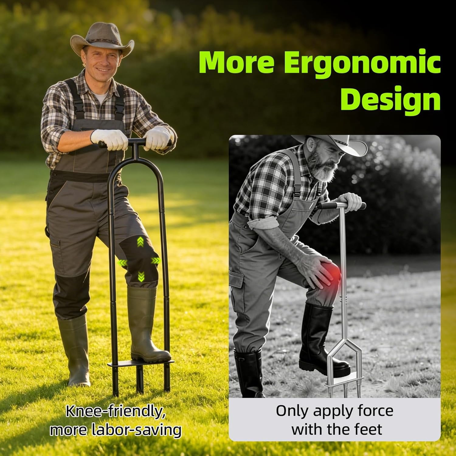 Manual Aerator Lawn Tool – Knee-Friendly Core for Gardeners with Knee Pain, 3 Hollow Tines Yard Aeration, Removes Grass Plugs & Loosens Soil to Promote Health Black