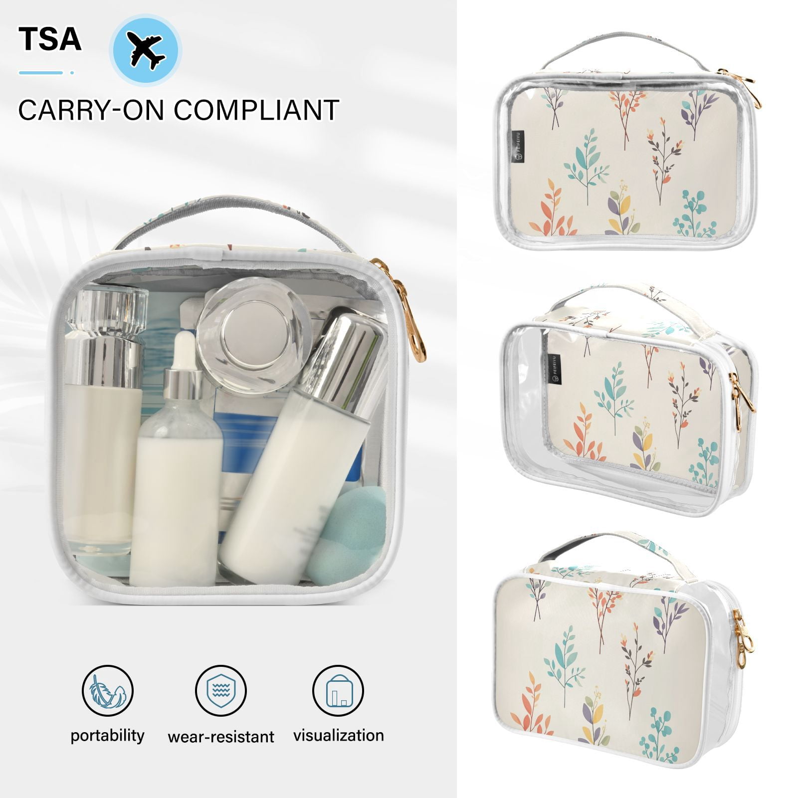 Clear Makeup Bags with Handle Large Opening 2 Pack Set Toiletry Bag Quart Size Bag, for Women Man Traveling Travel Essentials, Toiletries and Other. Leafs Vibrant Illustration