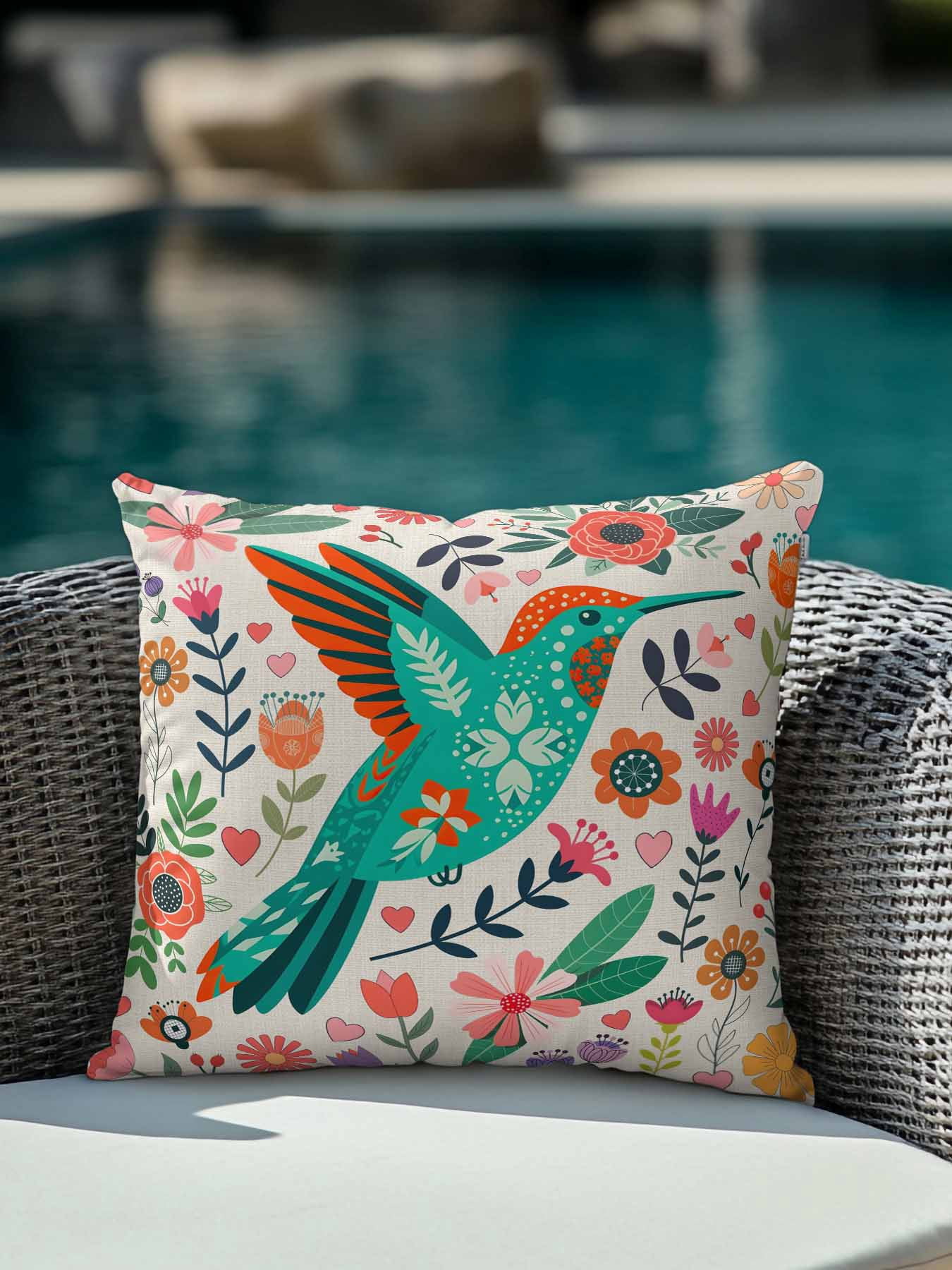 1 Pack Outdoor Pillows Waterproof, Turquoise Birds Indoor/Outdoor Throw Pillows with Inserts, Country Cartoon Colorful Flowers Herbs Decorative Pillow for Patio Furniture Chairs Couch