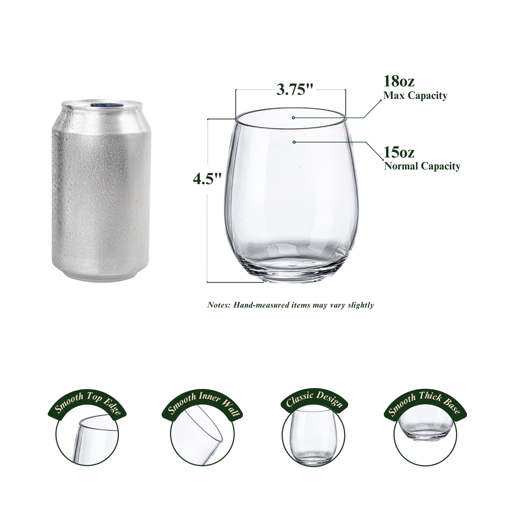 MIYOPESI 18oz Clear Stemless Wines Glasses (Set of 6), Shatter-Proof Bar Glasses, BPA-Free, Dishwasher-Safe