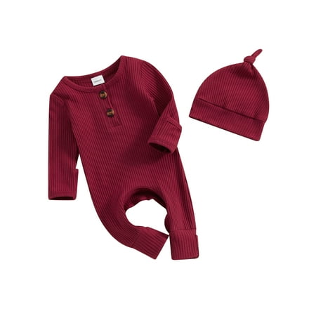 

Mioliknya Newborn Baby Jumpsuit Outfits Ribbed Long Sleeve Romper with Hat