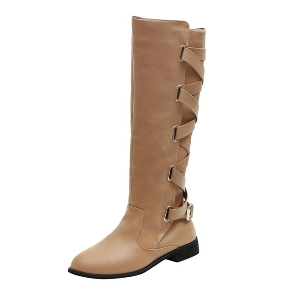 Jsaierl Knee High Boots For Womens Strappy Motorcycle Knee High Boots Winter Lace Up Riding Flat Low Heel Shoes