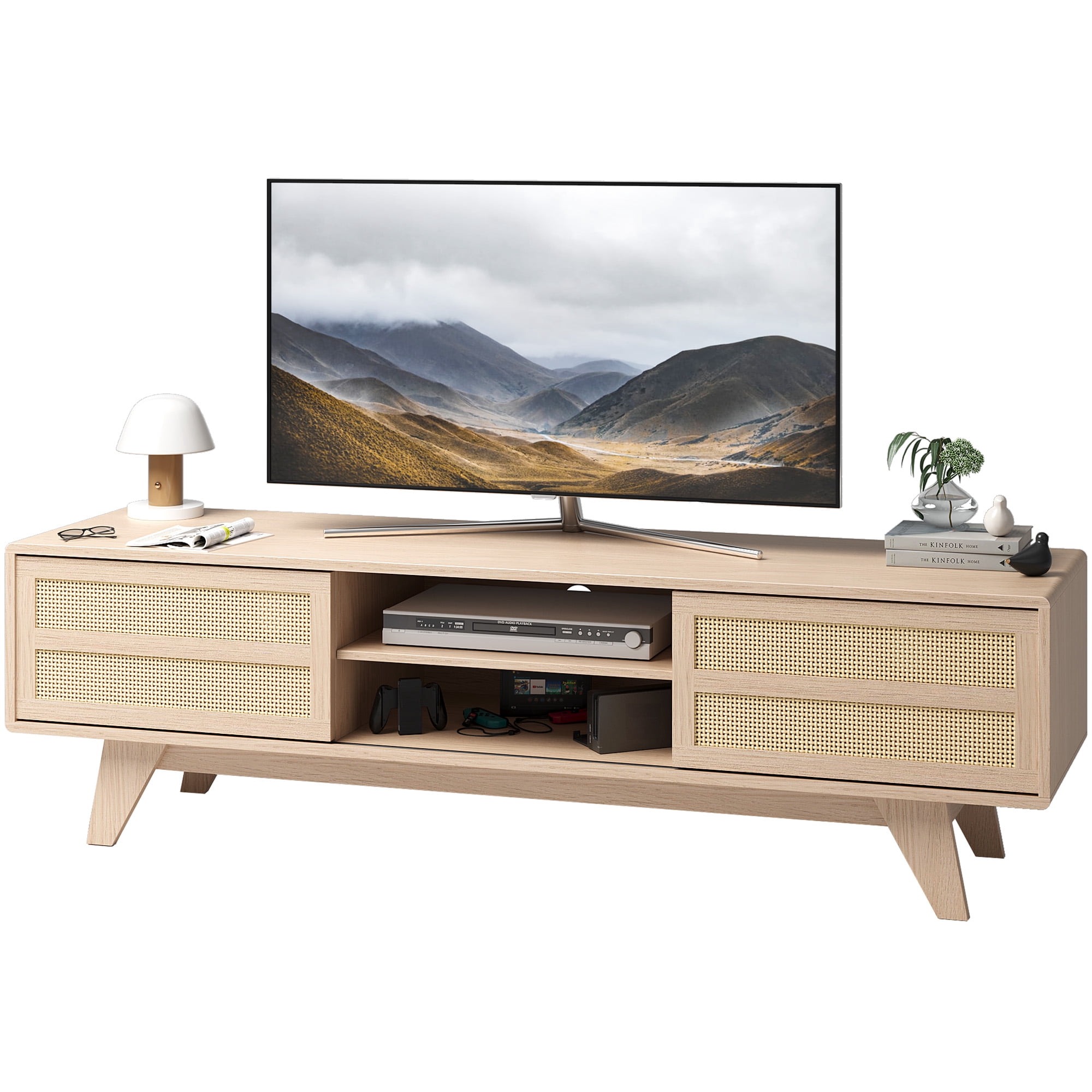 Home Modern Style 65 inch TV Stand for Living Room - TV Stand for TVs up to 65 inches Entertainment Center with Storage - Media TV Cabinet with Doors & Adjustable Shelves,Oak