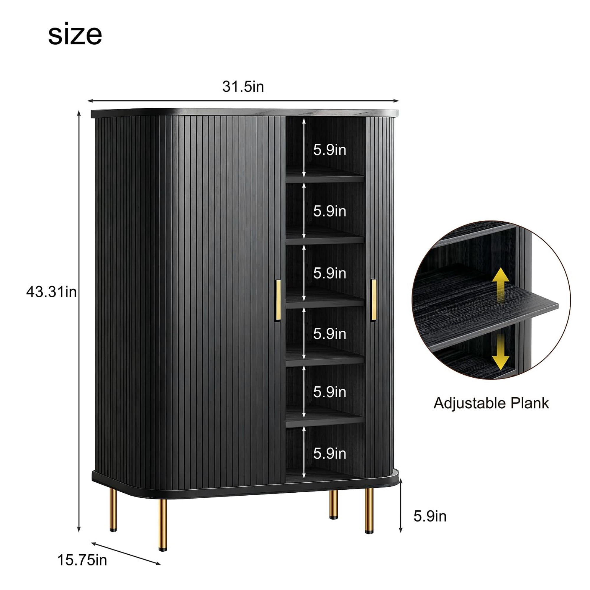 31.5"W Shoe Storage Cabinet with Sliding Door, 6 Tier Adjustable Shoe Rack, Mid Century Modern Entryway Organizer, Black