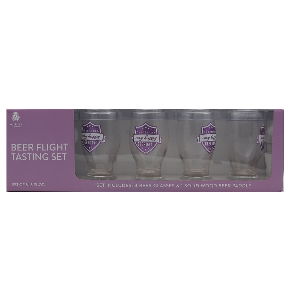 Beer Flight Tasting Set of 5 pc Birthday 4 Beer Glasses 8 fl oz 1 Solid Wood Beer Paddle by n/a