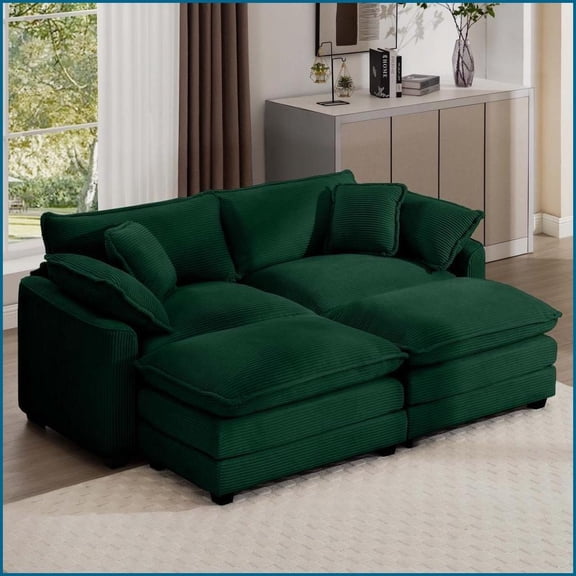 Modern Classic Corduroy Two-Seater Sofa with Ottoman – Perfect for Small Living Rooms & Bedrooms | Green | Corduroy | Cushion Back