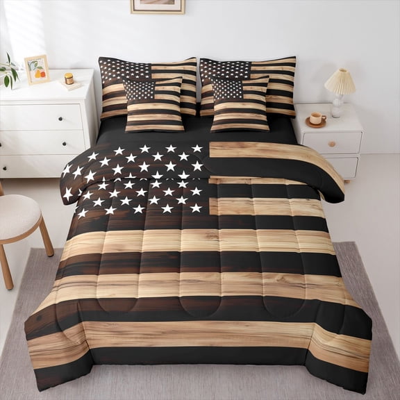 Manfei Vintage Us Flag 7-Piece Twin Bedding,Retro Farmhouse Lodge Cabin Bedding Comforter Set,Brown,Black Reversible