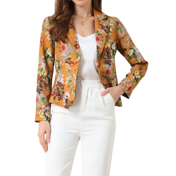BLAZER AJUSTADO PARA MUJER INSPIRE CHIC, SOLAPA CON MUESCA, IMPRESO, CHAQUETA DE TRAJE DE TRABAJO, XL NARANJA-FLORAL