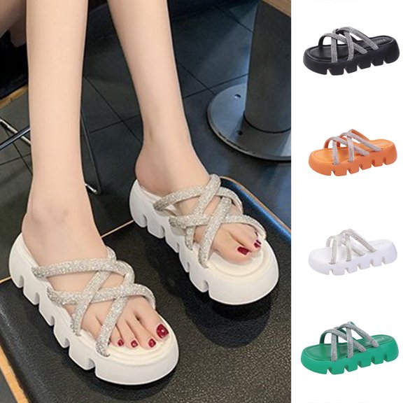 Xfvqtps Slide Sandals Women Platform Crisscross Straps Rhinestone Sparkling Open Toe Non Slip Breathable Summer Beach Sandals Black