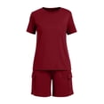 thumbnail image 4 of Women's 2 Piece Home Wear Crew Neck Short Sleeve Tops Elastic Waist Pockets Shorts Summer Comfy Lounge Sets (XL, Wine), 4 of 6