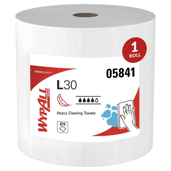 WypAll GeneralClean L30 Cloths Heavy Duty Cleaning Wipes, Jumbo (05841), Strong and Soft Bulk Paper Wipers, White (1 Roll of 875 Sheets)