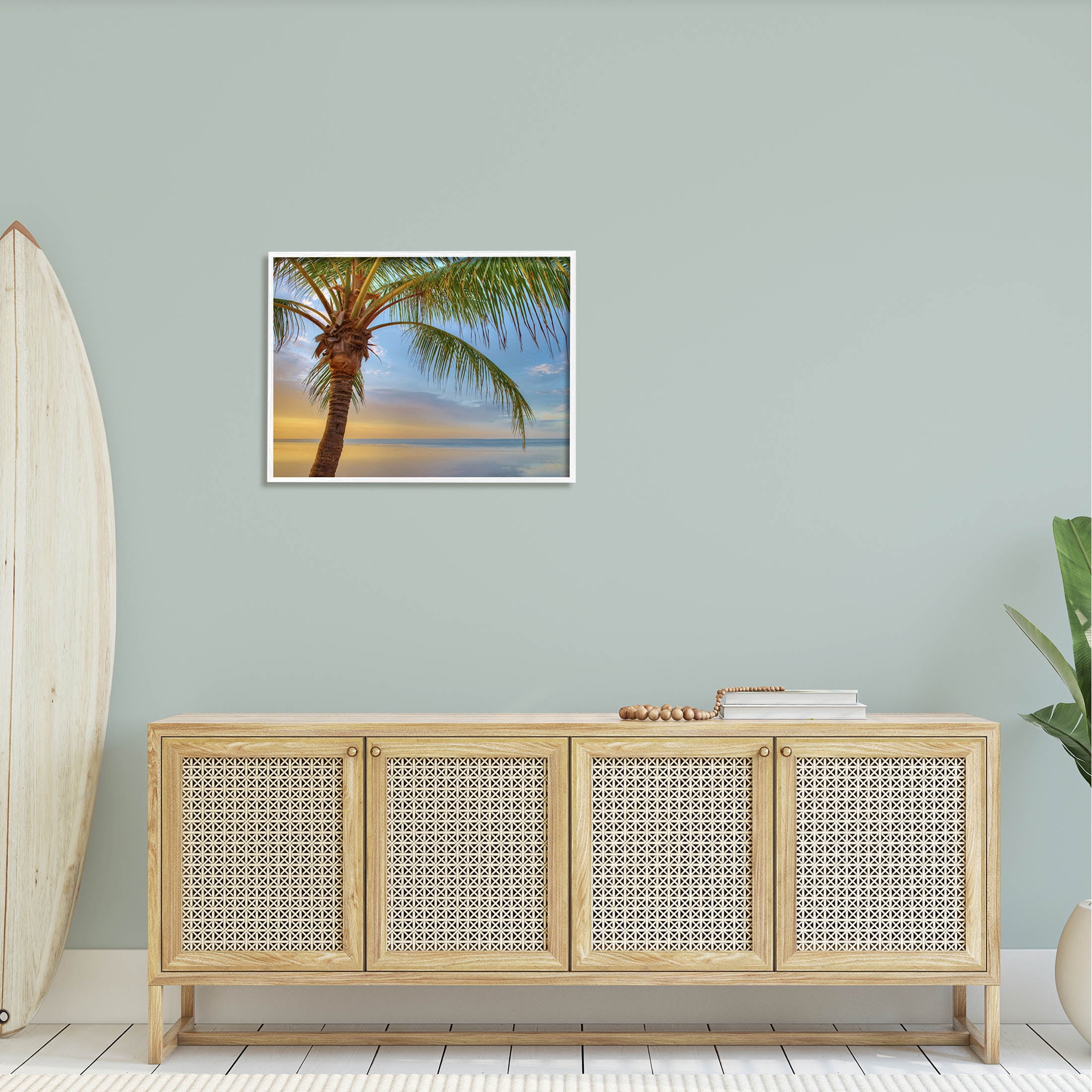 Sunrise Palm Tree Sky Reflection Coastal Photograph White Framed Art Print Wall Art