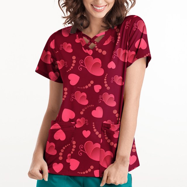 Puntoco Mujeres Camisetas de manga corta Uniforme de trabajo Día de San Valentín Blusa de bolsillo impresa Puntoco Puntoco-2249