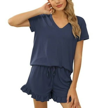 Womens Pajamas Set 2 Piece Pure Color V Neck Short Sleeve Tops Drawstring Shorts Sleepwear Loungewear