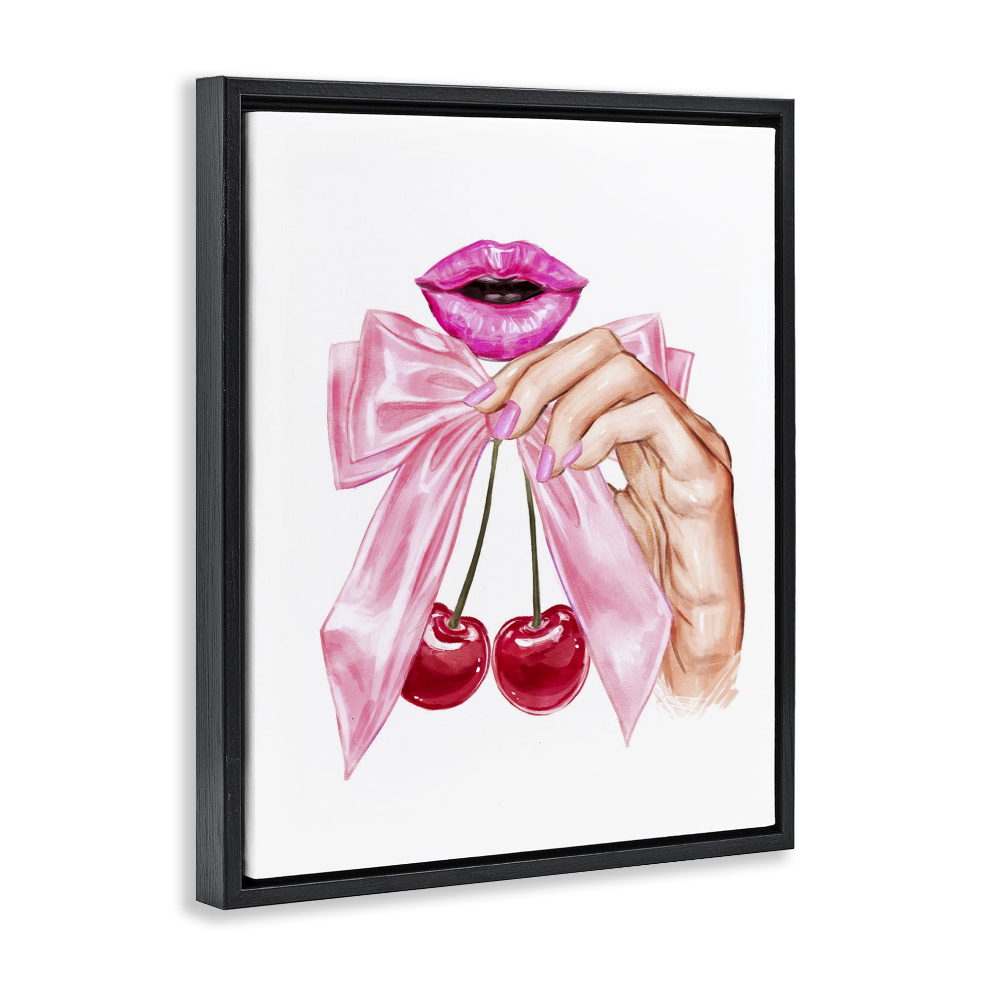 Stupell Industries Lips & Feminine Cherries Black Framed Floater Canvas Wall Art, design by Ziwei Li