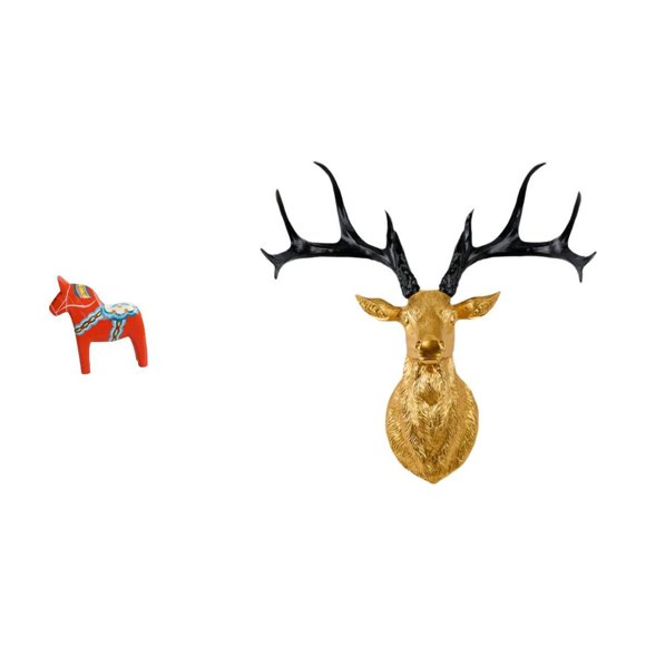 Elodie Swedish Dala Horse Ornament and Dalecarlian Animal Sculpture with Deer Head Wall Mount Collectible Resin Figurine for Home Office Decor