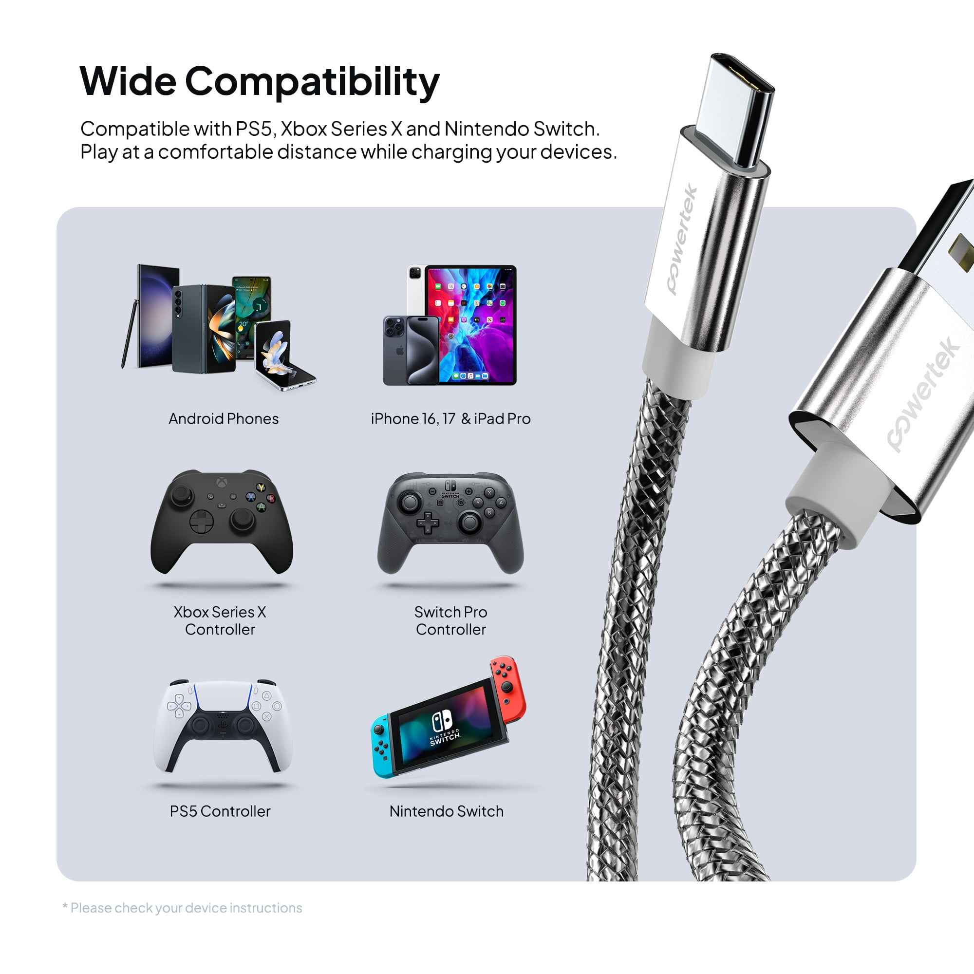 Powertek Luxe 6ft USB-A to USB-C Cable, Silver, Fast Charge & Sync, Metallic Mesh PVC Jacket, Durable Tangle-Free Design