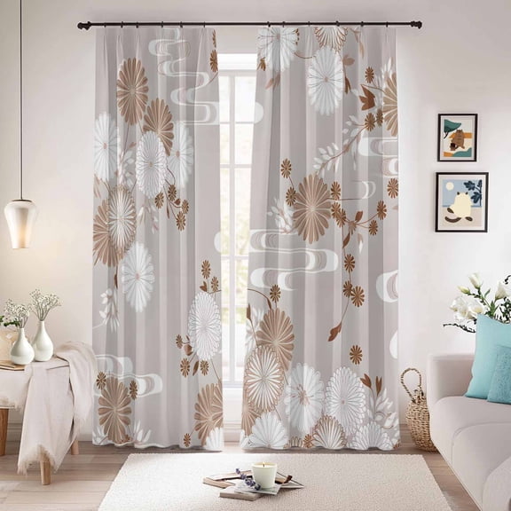Brown White Floral Blackout Curtains for Bedroom/Living Room, Pinch Pleated Black Out Curtains, Spring Botanical Leaves Farmhouse Room Darkening Window Drapes with Hooks 2 Panels, 39"x70"