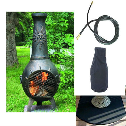Qbc Bundled Blue Rooster Sun Stack Chiminea With Propane Gas Kit Half Round Flexbile Fire Resistent Chiminea Pad 20 Ft Gas Line And Free Cover Gold Accent Color Plus Free Eguide