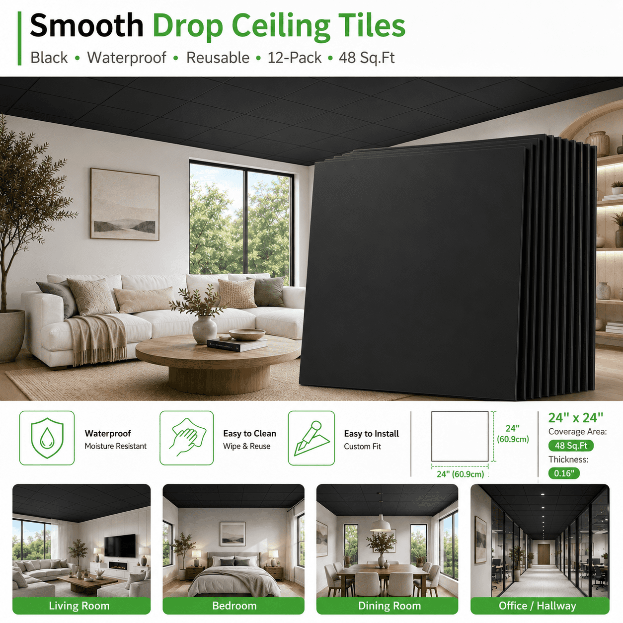 Yeslife 12-Pack 2ft x 2ft PVC Drop Ceiling Tiles, Black, Waterproof Reusable Planks for Home Office, 48 sq ft Cover
