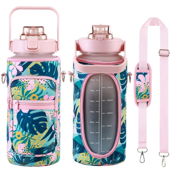 Party Zealot Large Half Gallon 64 OZ Motivational Water Bottle with Sleeve Straw Time Marker BPA Free for Sport and Fitness