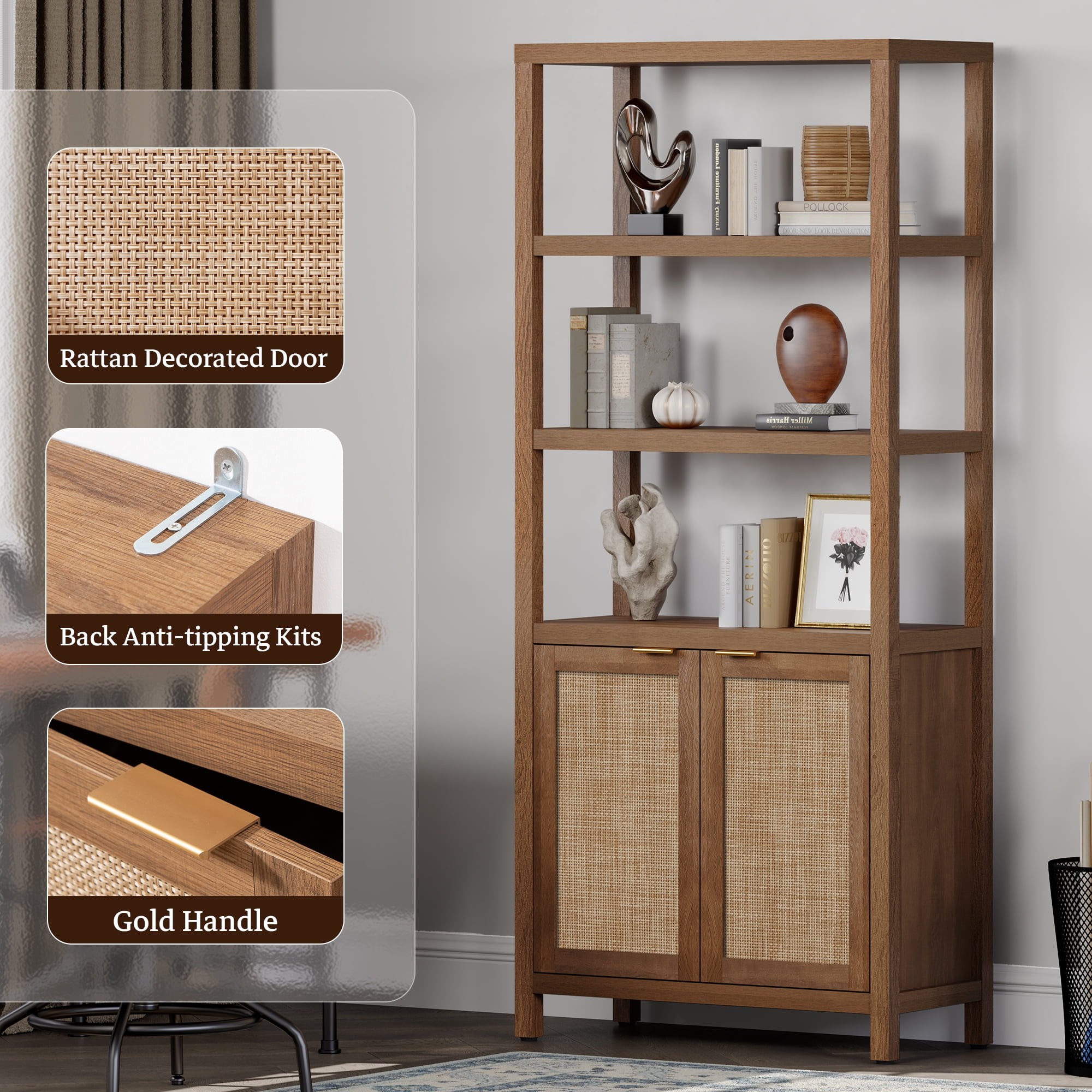 SICOTAS 71" Tall Bookcase with Doors, Boho 5 Tier Rattan Bookshelf Set of 3, Mid-Century Bookcase with Storage Cabinet for Living Room, Bedroom, Library & Home Office in Oak