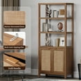 thumbnail image 6 of SICOTAS 71" Tall Bookcase with Doors, Boho 5 Tier Rattan Bookshelf Set of 3, Mid-Century Bookcase with Storage Cabinet for Living Room, Bedroom, Library & Home Office in Oak, 6 of 10