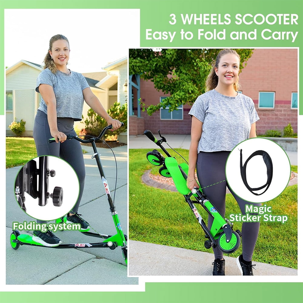 Readrun Wiggle Scooter for Kids & Adults 6+, 3-Wheel Drift Scooter with Foldable Design and 4-Level Adjustable Height, Green