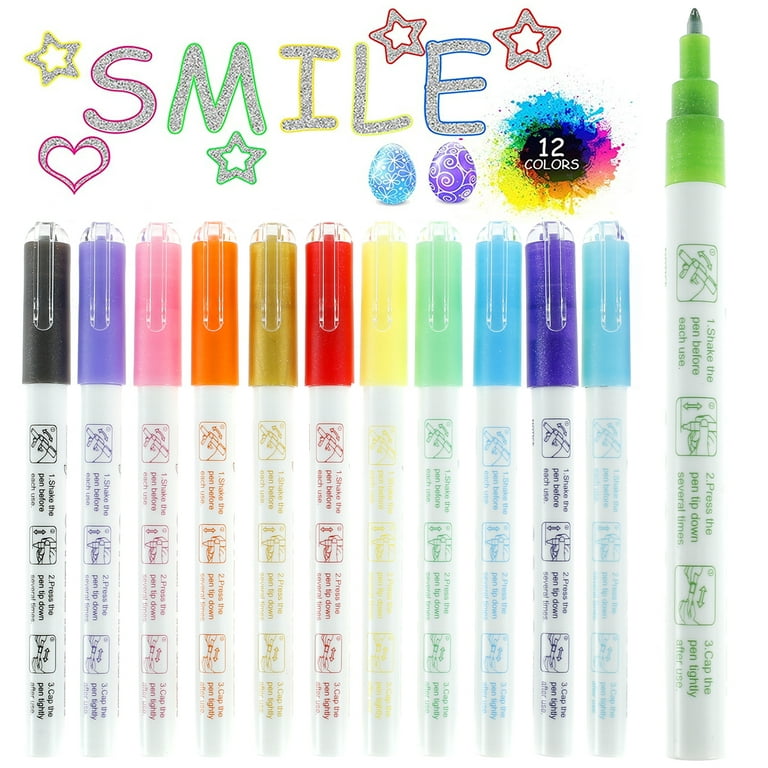 Eqwljwe Double Line Outline Pens - 12 Colors Self Outline Metallic Markers Double Line Pen, Outline Markers Pens for Art, Drawing, Greeting Cards
