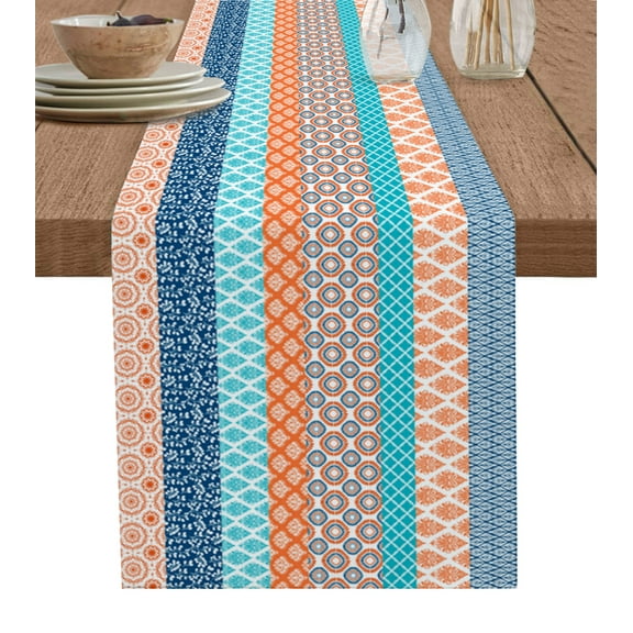 Hokiten Table Runners 72 Inches Long Dress Scarves, Teal Orange Striped Farmhouse Kitchen/Dining Table Runner, Coffee Tablerunners, Boho Modern Geometric Abstract Art 14x72 Inch
